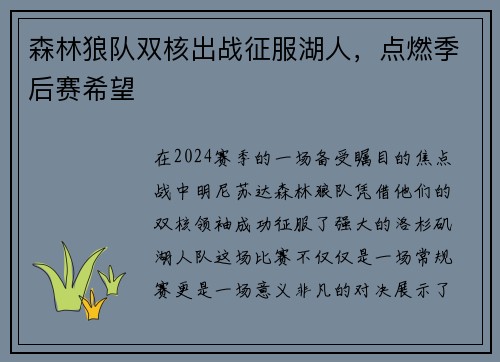 森林狼队双核出战征服湖人，点燃季后赛希望
