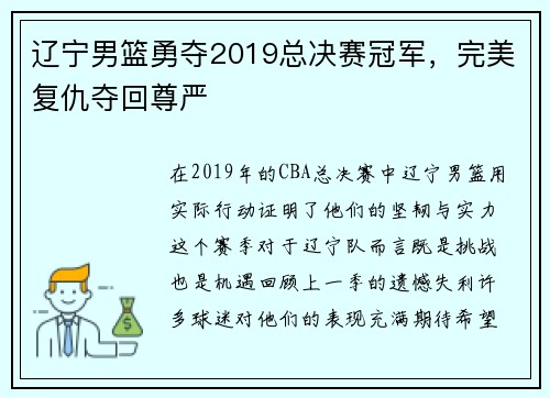 辽宁男篮勇夺2019总决赛冠军，完美复仇夺回尊严
