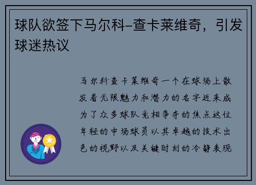 球队欲签下马尔科-查卡莱维奇，引发球迷热议
